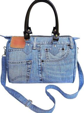 Handmade Upcycled Denim Satchel Bag for Women | Leather Handle Crossbody Purse